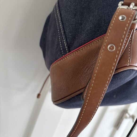 VGUC Vintage Coach Denim Day Chambray Brown Leather Trim backpack 9” X 11” - Picture 8 of 14